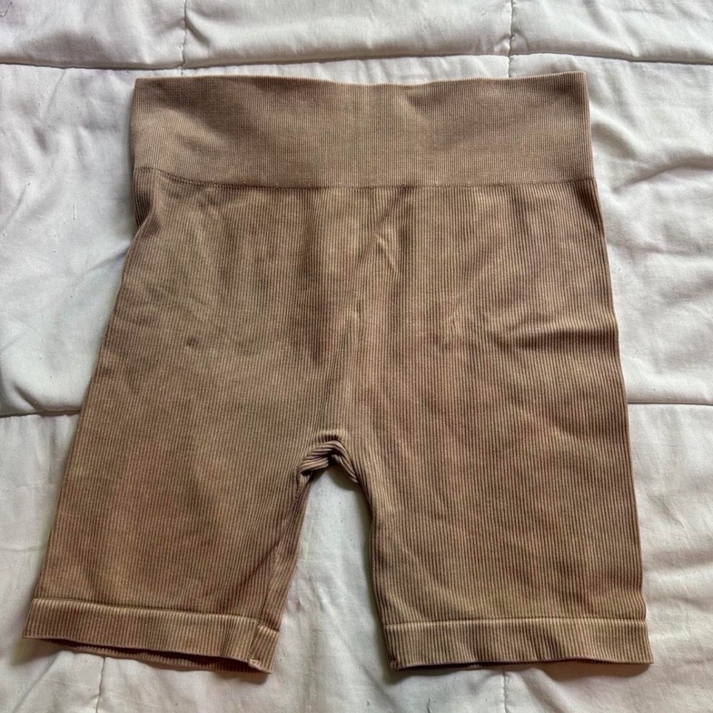 Tan Ribbed Biker Shorts